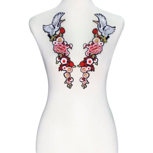 10pair Mirror Cranes Flower Pattern Iron on Embroidery Applique Patches Lace Fabric Patches Garment Decorated DIY Sewing TH429