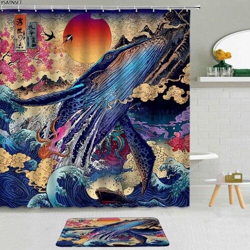 2Pcs Japanese-style Ethnic Theme Shower Curtain 3D Whale Big Waves Sakura Sunset Bathroom Non-Slip Bath Mat Curtains Decor Set