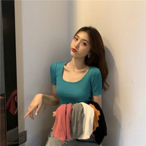 2021 Short-sleeved T-shirt Female Summer New Slim Square Collar 6-color Short Bottoming T-shirt Solid Color Wild T-shirt