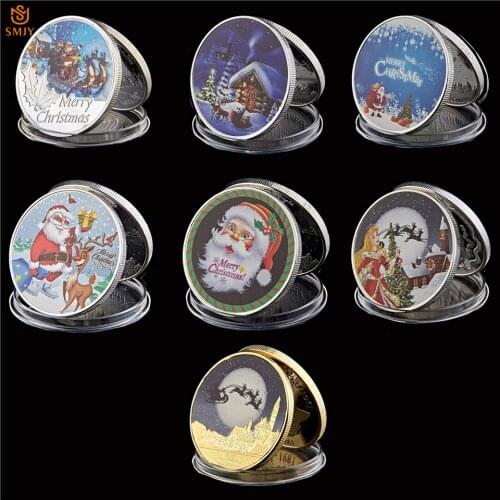 7Pcs/set 2019 European Merry Christmas Cartoon Holiday Gifts Santa Claus And Elk Silver/Gold Christmas Souvenir Coins Set Value