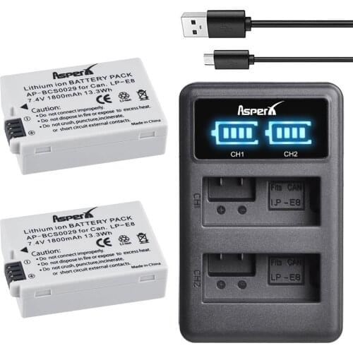 2Pcs LP-E8 LP E8 LPE8 Li-ion Batteries + LED Dual USB Charger For Canon EOS 550D 600D 650D 700D Rebel T2i T3i T4i T5i Camera