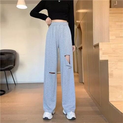 Baggy Wide Leg Pants Women Casual Streetwear Loose Outfits Hole High Waisted Hip Hop Summer Jogger Pockets Sweatpants