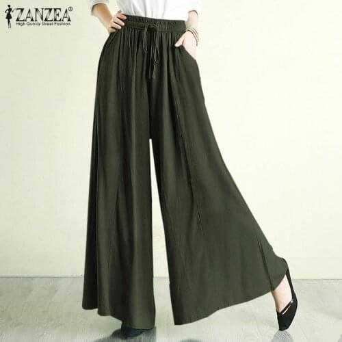 Women Elastic Waist Wide Leg Pants ZANZEA Summer Casual Solid Long Trousers Vintage Loose Cotton Palazzo Pantalon