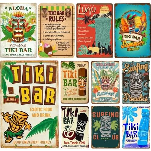 Hawaii Tiki Bar Poster Vintage Metal Plate Teen Room Wall Decor Beer Bar Pub Restaurant Retro Tintin Signs Iron Plaque 12x8 inch