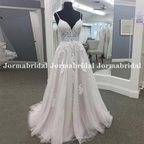 Illusion A Line Boho Wedding Dresses Elegant Spaghetti Straps V-neck Bridal Dress Sweep Train Wedding Gowns for Bride Plus Size