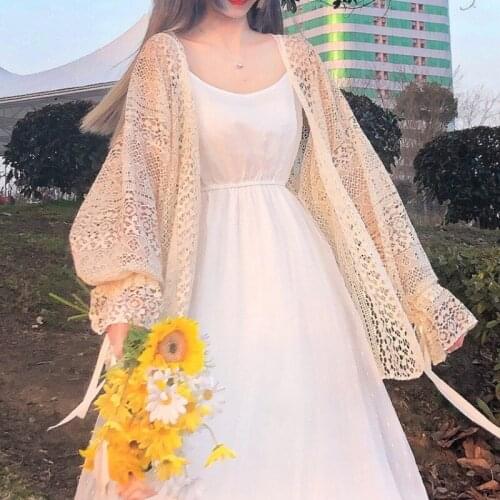 Hollow Lace Chiffon Blouse Fairy Outer Wear Thin Cardigan Coat Sun Protection Clothing Fairy 2021 New Summer Thin lolita dress