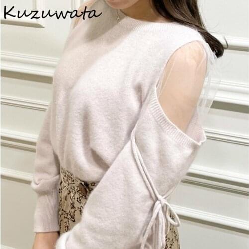 Kuzuwata Sexy Shoulder Strapless Drawstring Voile Patchwork Sweaters Autumn Chic Sweet Knitted Pullovers Japan Style O-neck Tops