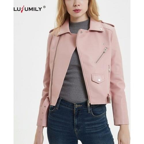 Lusumily 2021 Spring Autumn Women Faux Soft Leather Jacket Pu Motorcycle Black Fashion Zipper Design Pu Punk Outwear Red Jacket