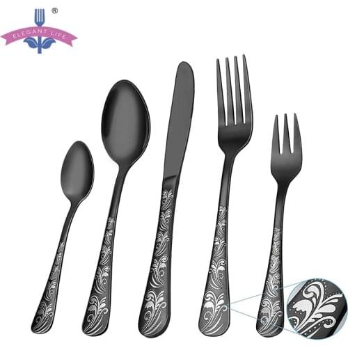 30PCS Cutlery Set Dinnerware Set Knife Forks Spoons Dessert Fruit Set Kitchen Black Gold Stainless Steel Printing Dishwasher Fit