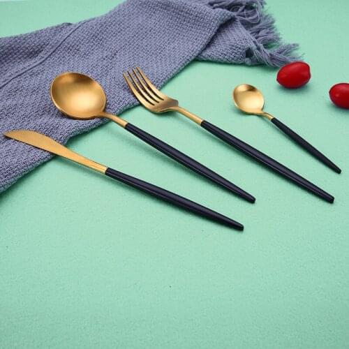24pcs/set Dinnerware Set 18/10stainless Steel Black Cutlery Set Knife Fork Set Tableware Gold Plate Drop Shipping