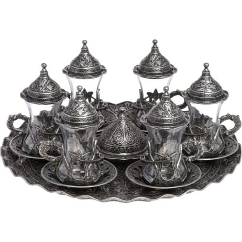 Bazaar Gift Ottoman Motif Kösem Sultan Tea Serving Tray Cup Sugar Bowl Set-Pewter Black Color