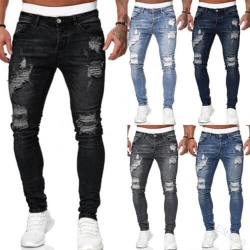 Ripped Hole jeans for Men Pants Skinny Jeans Blue Denim Pants for Men Stretch Long Pencil Pants Trousers Men Jeans hommes jeans