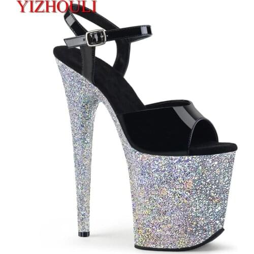 20 cm sexy silver sequins waterproof platform with black uppers, stiletto heels 8 inches high pole dancing model sandals