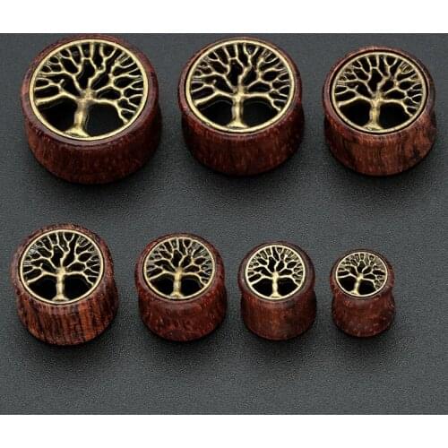 2PCS Rose Wood Ear Plugs Flesh Tunnels Tree of Life Ear Gauges 8mm-20mm Hollow Ear Expanders Stretchers Body Piercing Jewelry