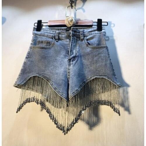 Heavy Beaded Tassel Booty Shorts Womens High Waisted Denim Shorts Streetwear Hotpants Pantalones Cortos De Mujer