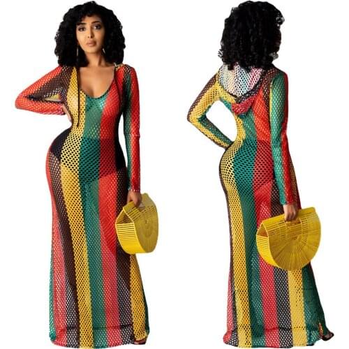 Rainbow Striped Hollow See Through Dress Woman Hooded Long Sleeve Bohemian Beach Dresses Spring Summer Night Club Party Vestido