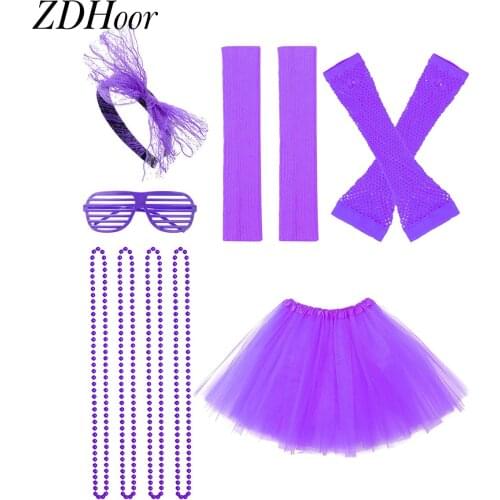 Womens 80s Dress Up Costume Accessory Party Dance Clothes Funny Cosplay Fingerless Fishnet Glove Leg Warmers Skirt Set Clubwear