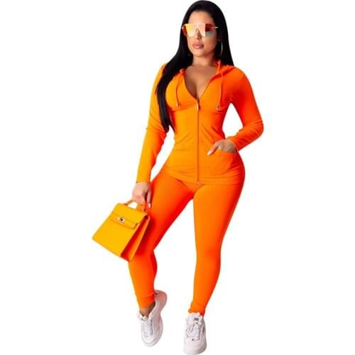 Neon Green Orange Women Two Piece Sets Long Sleeve Zipper Hooded Sweatshirt Tops and Tight Pants Female Jogger Casual Sweatsuit