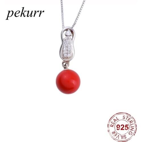 Pekurr 925 Sterling Silver Zircon Waterdrop Red Shell Pearl Necklaces For Women Round Pearl Pendants Wedding Fashion Jewelry