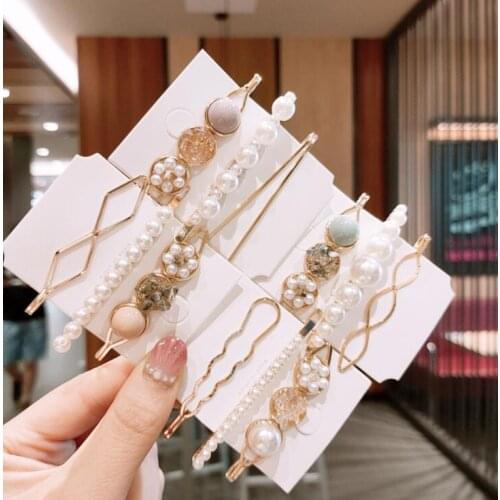 1 set pearls hairpin hair clips Girls Elegant Full Pearls Geometric Hair Clips Sweet Hair Ornament Hairpin Barrette Headband