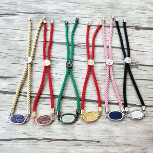 10Pieces Mix Color Cotton Adjustable hand Bracelet,Natural druse geode Quartz Titanium Stone oval charm connector Bracelet BG178