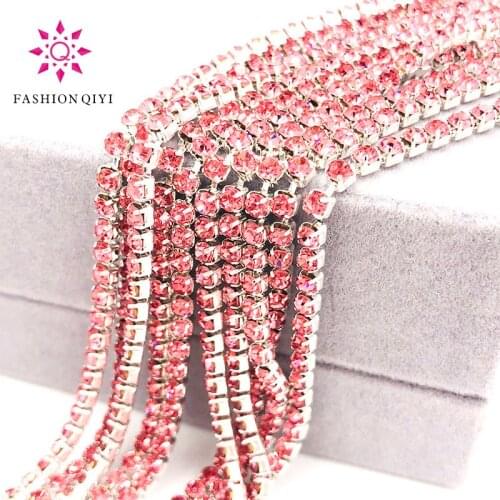Free shipping 5 yards/bag Super bright encryption Pink 2mm-4mm silver base glass rhinestones cup chain,diy clothing accessories