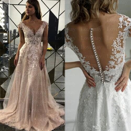 Champagne Glitter A Line Wedding Dresses 2021 Cap Sleeves Lace Appliques Sparkling Bridal Gown Vestidos De Novia Bride Dresses