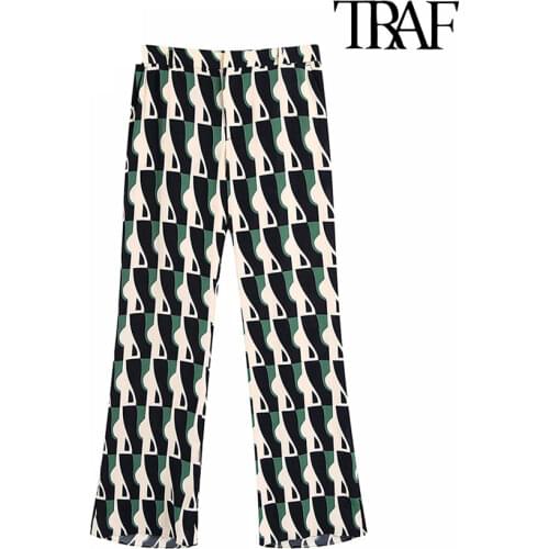 TRAF Women Fashion Side Pockets Printed Flared Pants Vintage High Elastic Waist Zipper Fly Female Trousers Mujer