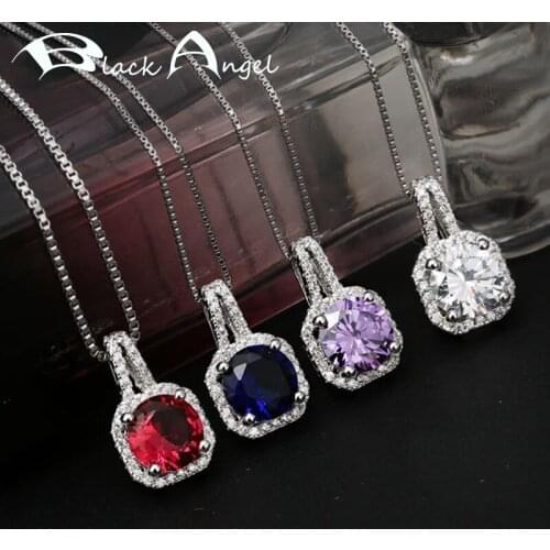 BLACK ANGEL 925 Silver Square Red Blue Purple White Gemstone Shiny Zircon Pendant Necklace for Women CZ Jewelry Clavicle Chain