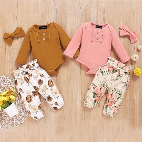 Toddler Baby Girl Clothes Romper Solidcolor Tops Jumpsuit +Floral Print Pants Headband Outfits Set 2021