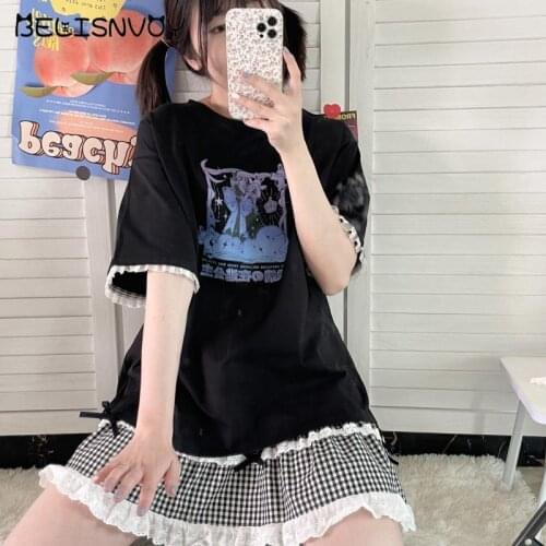 Summer Cartoon Printed T-shirts Women Japanese All-match Simple T Shirt Harajuku Lace Short Sleeve Ladies Loose Tshirt Tops