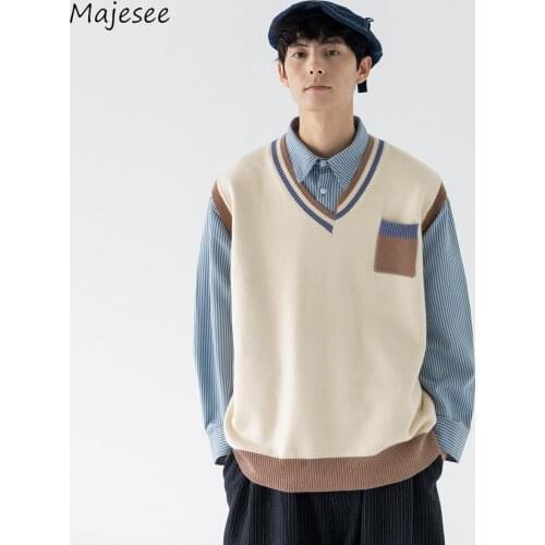 Autumn V-neck Vests Men Patchwork Plus Size S-3XL Irregular Preppy Simple Causal Retro Sleeveless Knitwear Thermal Cozy Korean
