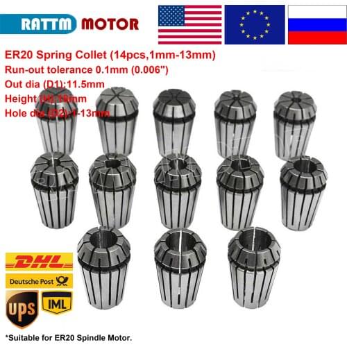 1 Set (14Pcs) ER20 Spring Collet (1-13mm) tool holder for CNC Engraving Machine & CNC milling