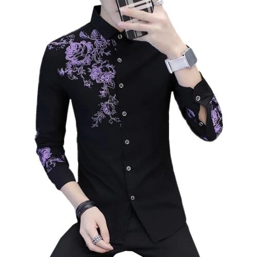 Black Long Sleeve Floral Shirt Men Small Elastic Spring/Autumn New Shirts Mens Fashion Slim Fit Top White Blue