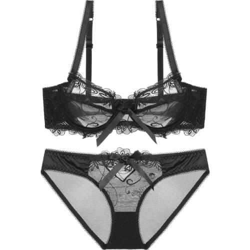 Sexy Lace Push Up Bra Set Breathable PantiesThin Mesh Cup Transparent Behalf Lingerie Bow Embroidery Flora Soutien Gorge