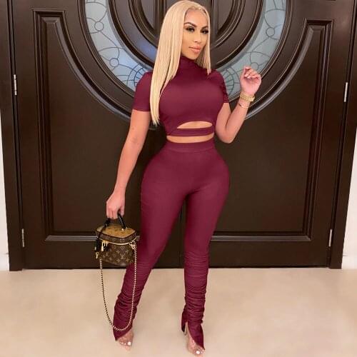 Sexy Cut Out Two Piece Outfits for Women Clubwear Crop Top and Ruched Stacked Pants Set Festival Party 2 Piece Matching Sets