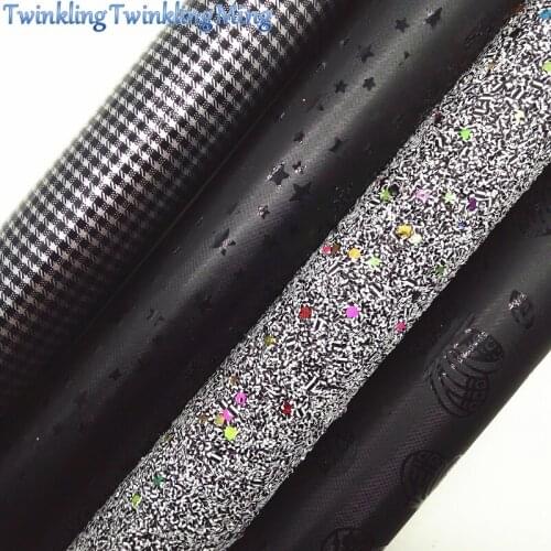 BLACK Glitter Fabric, Butterfly Faux Fabric, Stars Synthetic Leather Fabric Sheets For Bow A4 21x29CM Twinkling Ming XM847