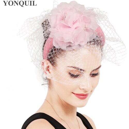 Ladies Pink Velvet Headband Silk Flower Hair Accessories Wedding Party Fascinator Headbands Show Race Millinery Bridal Headawear