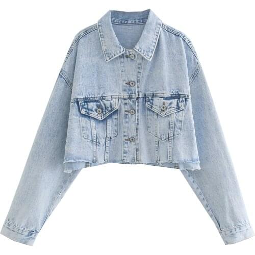 New Women Vogue With Pockets Denim Solid Single Breasted Cropped Jacket Long Sleeve Lapel Neck Vintage Female Coats Chic Tops
