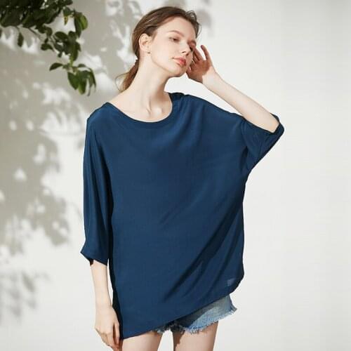 T-shirt Women 100% Heavy Silk Simple Design Loose O Neck Solid Three Quarter Batwing Sleeves Casual New Fashion