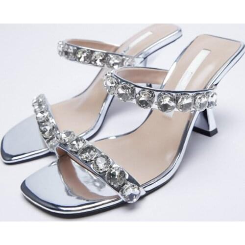 Sandals Women 2021 Luxury Brand Summer Fashion Square Toe High Heel Design Sexy Rhinestone Stiletto Muller Sandals And Slippers