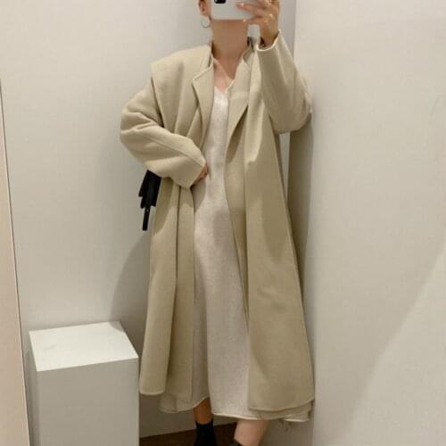 Long Cashmere Coat Woolen Cardigan Overcoat Loose Jacket with Hooded Women Winter Milky Beige Elegant Vintage
