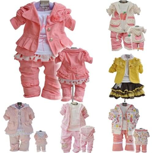 2016 New Girls Flowers Lace 3pcs Clothes Sets spring autumn Kids coat+long-sleeved T shirt+pants Cute Patter girl set high-grade