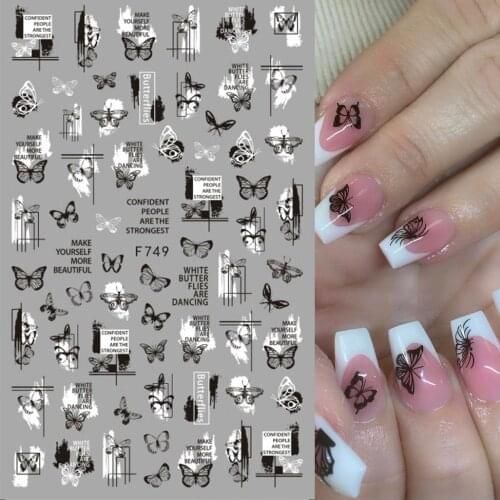 1 sheet 3D Nail Slider Black Nail Design Gothic Letter Line Leaf Sticker Decals Butterfly Adhesive Manicure Tips Nail Art Decor