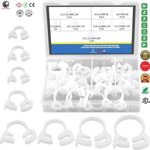 48PCS 8 Size Heavy Duty White Double Gripping Nylon Hose Clamps Set,6.6-27.2mm Plastic Snap Ratcheting Clamps Assortment Kit