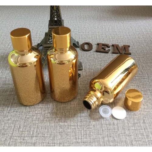 50ml glass essential oil bottle golden plated small bottle aluminum cap refillable makeup sample container packaging