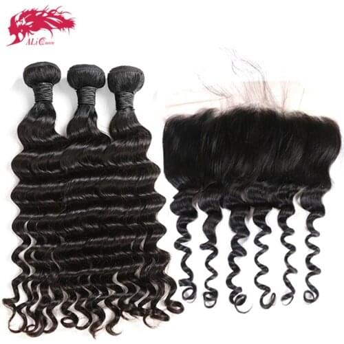 Ali Queen Hair Peruvian Human Hair Bundles With Frontal Remy Hair Natural Wave Bundles With 13x4 Lace Frontal Natural Color