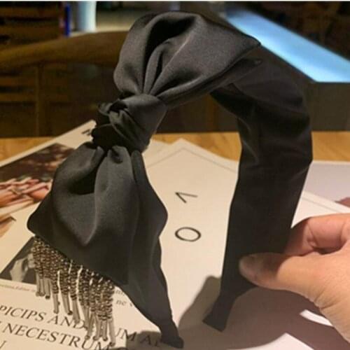 Black Color Side Bow Knotted Headbands for Women Solid Silk Satin Hairbands Beads Tassels Head Band Ladies Party Headdress
