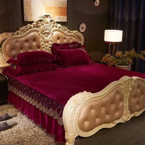 European Luxury Velvet Bedspread Set Lace Ruffle Bedskirt Single Double Bed Cover King Queen Quilted Thick Fitted Sheet