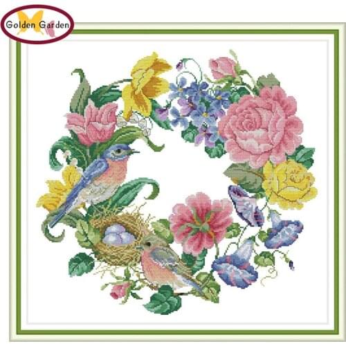 GG Bird Wreath Counted Cross Stitch 11CT 14CT Flower Embroidery Needlework Kit Joy Sunday Cross Stitch Set for Home Decor
